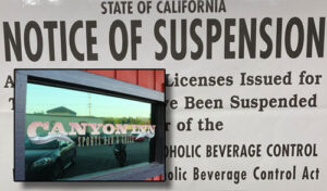 Window of Cannyon Inn Building with notice of suspension